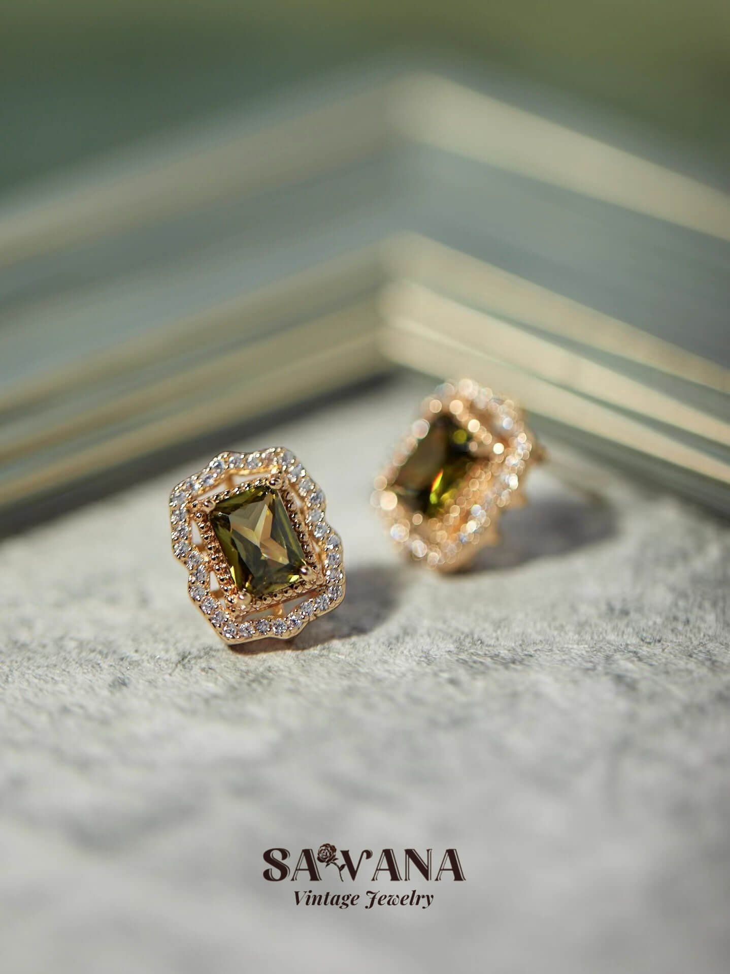 Psychedelic Forest French Vintage Olive Green Zirconia Square Stud Earrings miracleimy