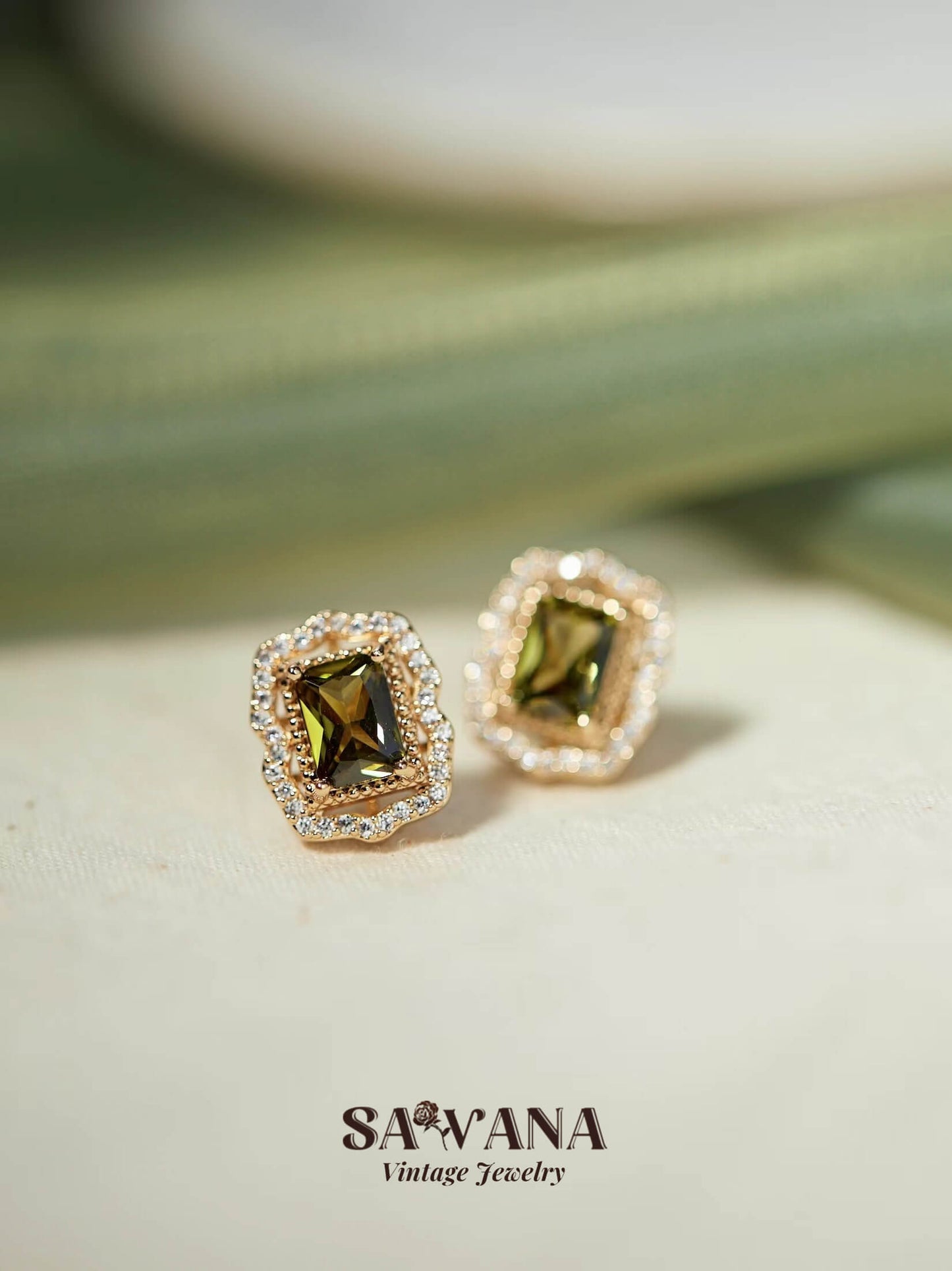 Psychedelic Forest French Vintage Olive Green Zirconia Square Stud Earrings miracleimy