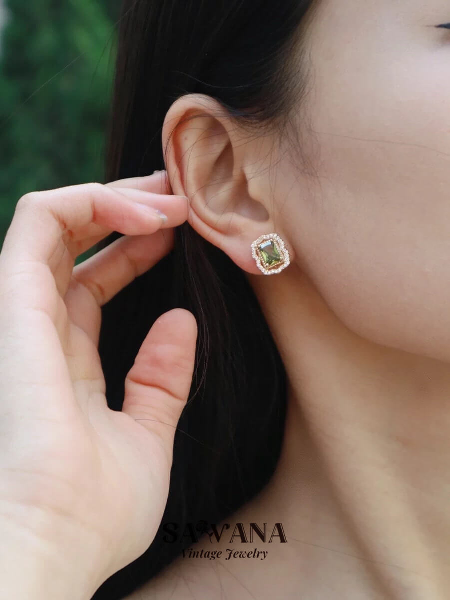 Psychedelic Forest French Vintage Olive Green Zirconia Square Stud Earrings miracleimy