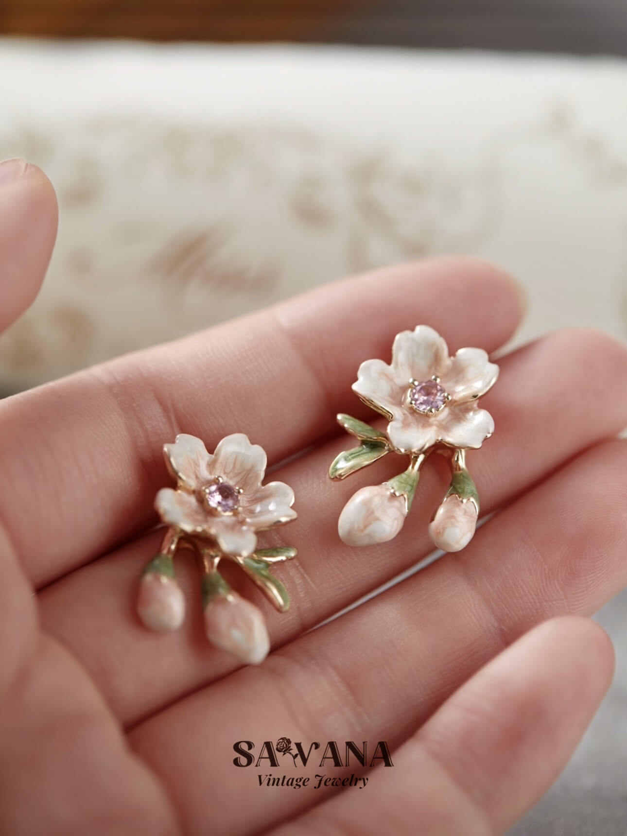 Secret Garden 18K Gold Plated Vintage Pink Cherry Blossom Stud Earrings SAWANAJewelry