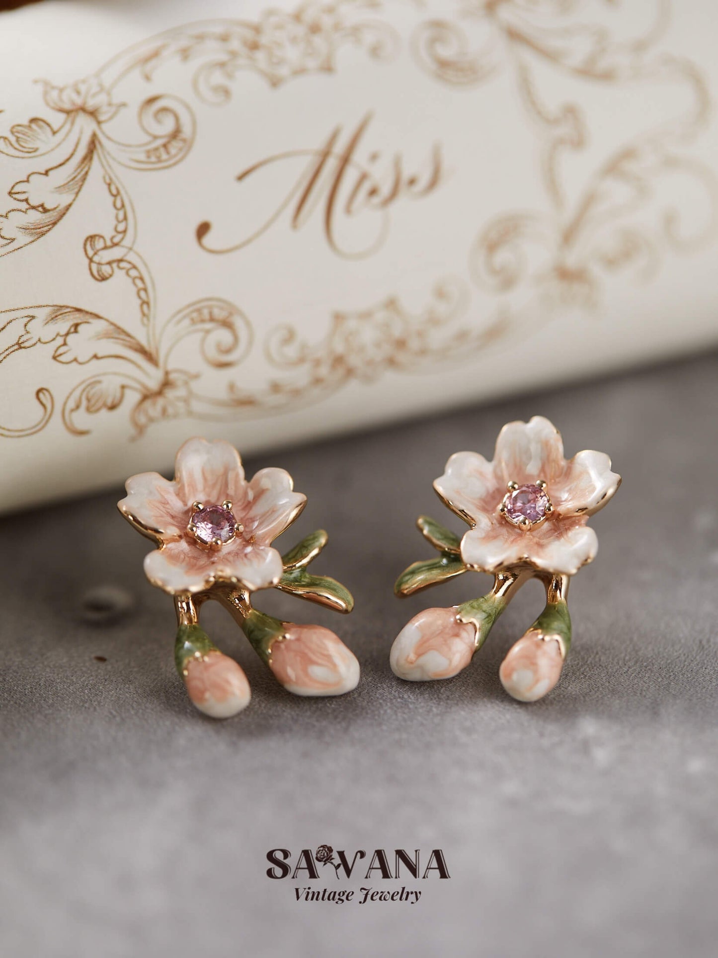 Secret Garden 18K Gold Plated Vintage Pink Cherry Blossom Stud Earrings SAWANAJewelry