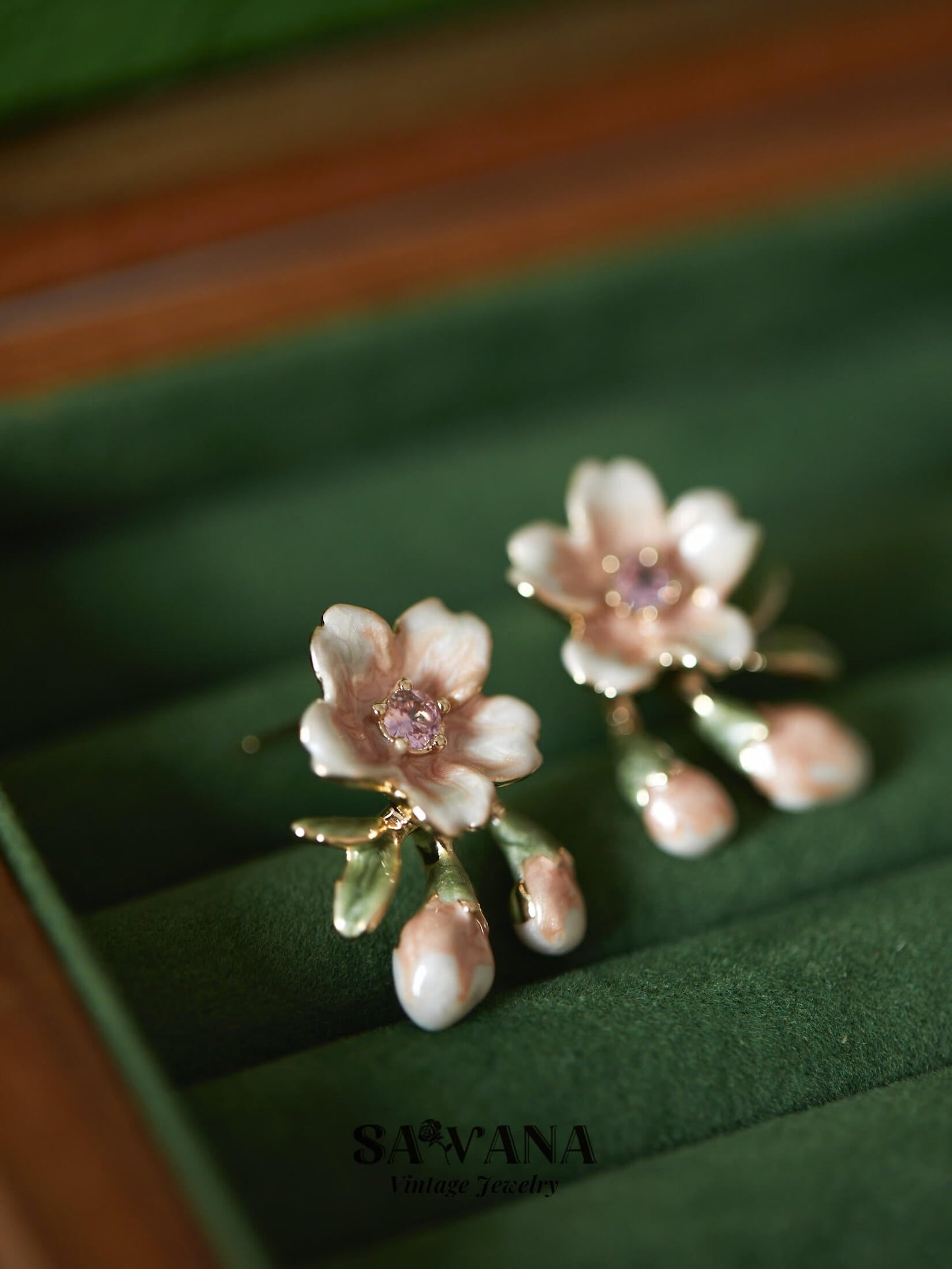 Secret Garden 18K Gold Plated Vintage Pink Cherry Blossom Stud Earrings SAWANAJewelry