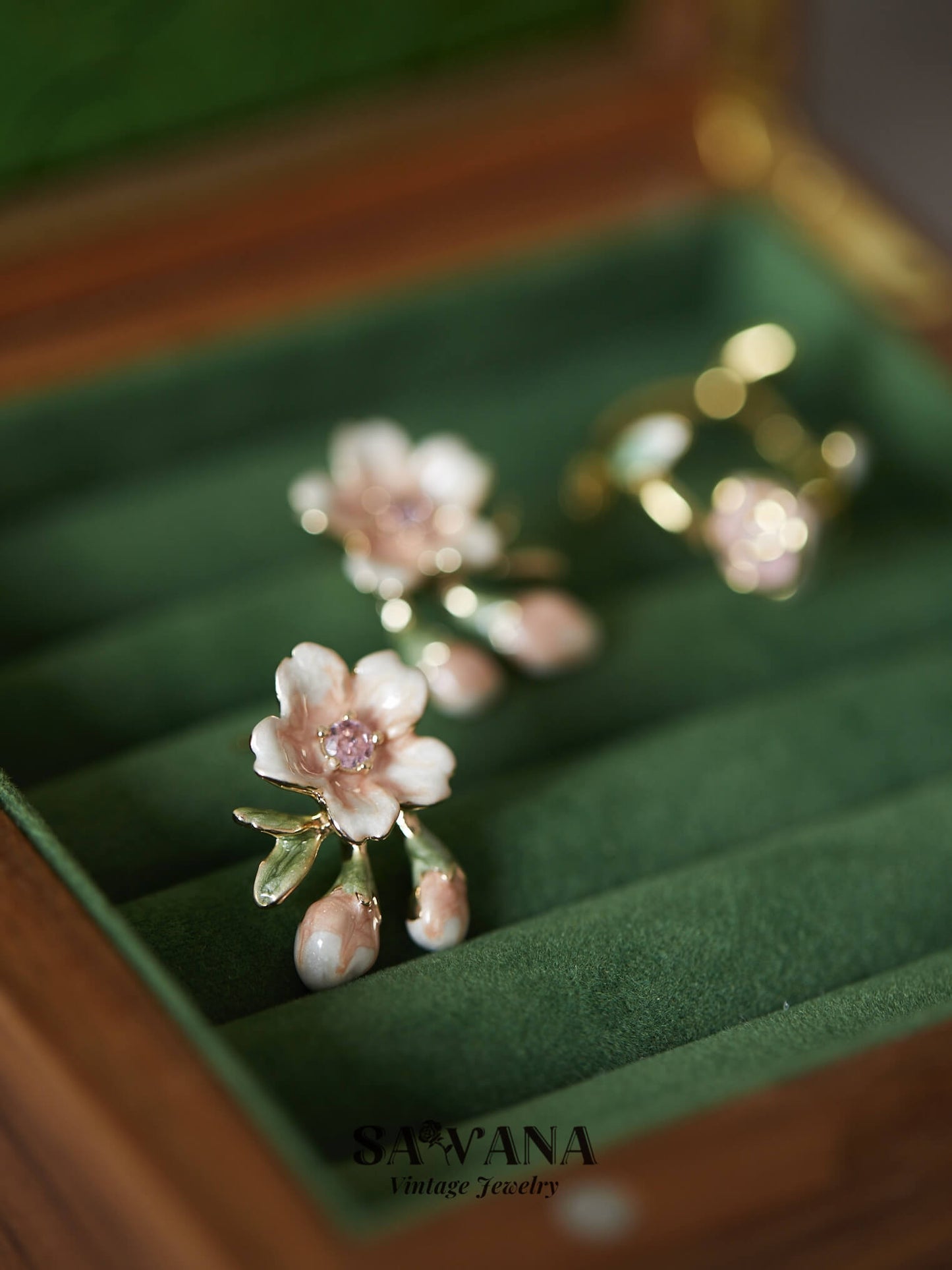 Secret Garden 18K Gold Plated Vintage Pink Cherry Blossom Stud Earrings SAWANAJewelry