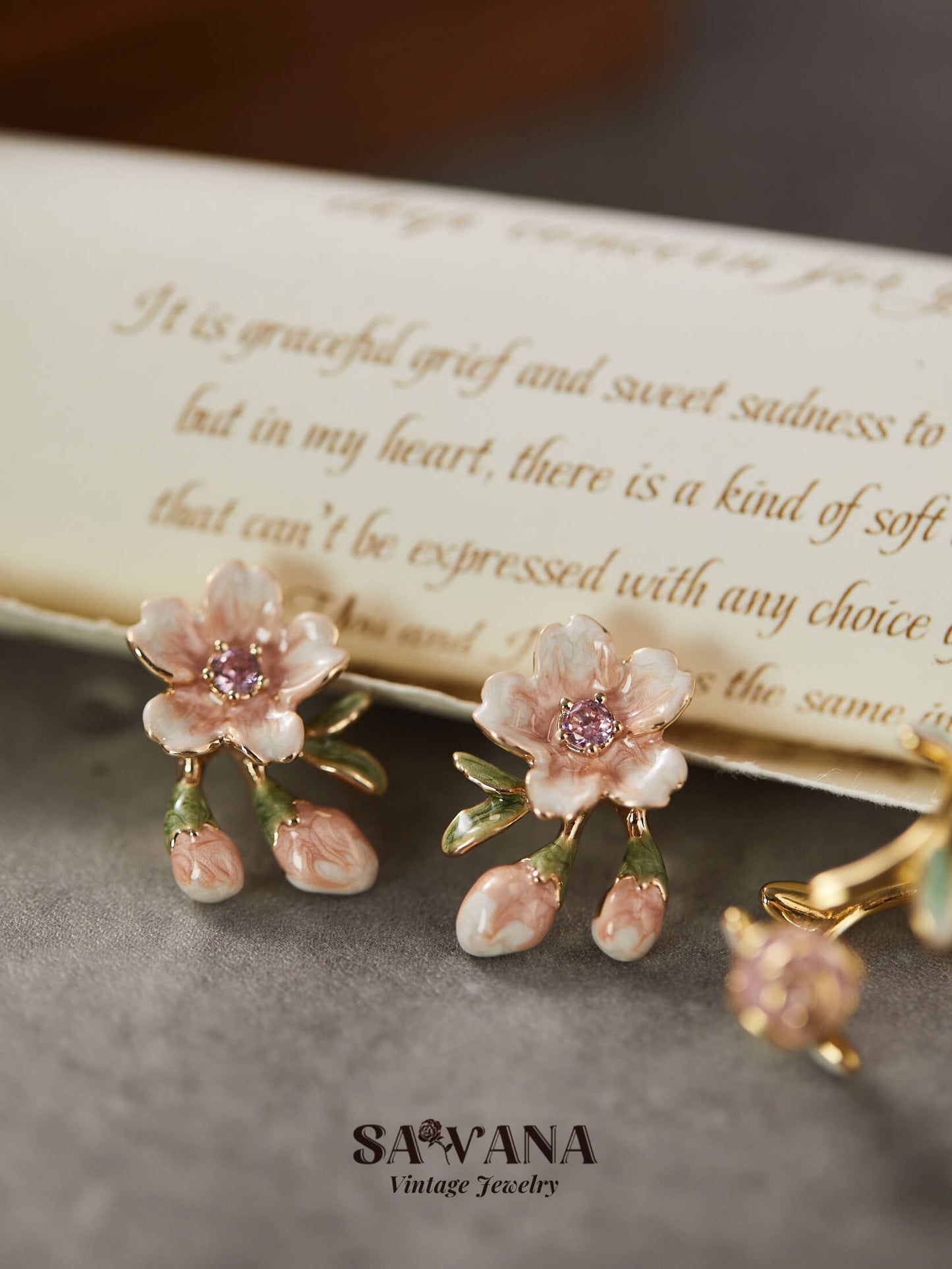 Secret Garden 18K Gold Plated Vintage Pink Cherry Blossom Stud Earrings SAWANAJewelry