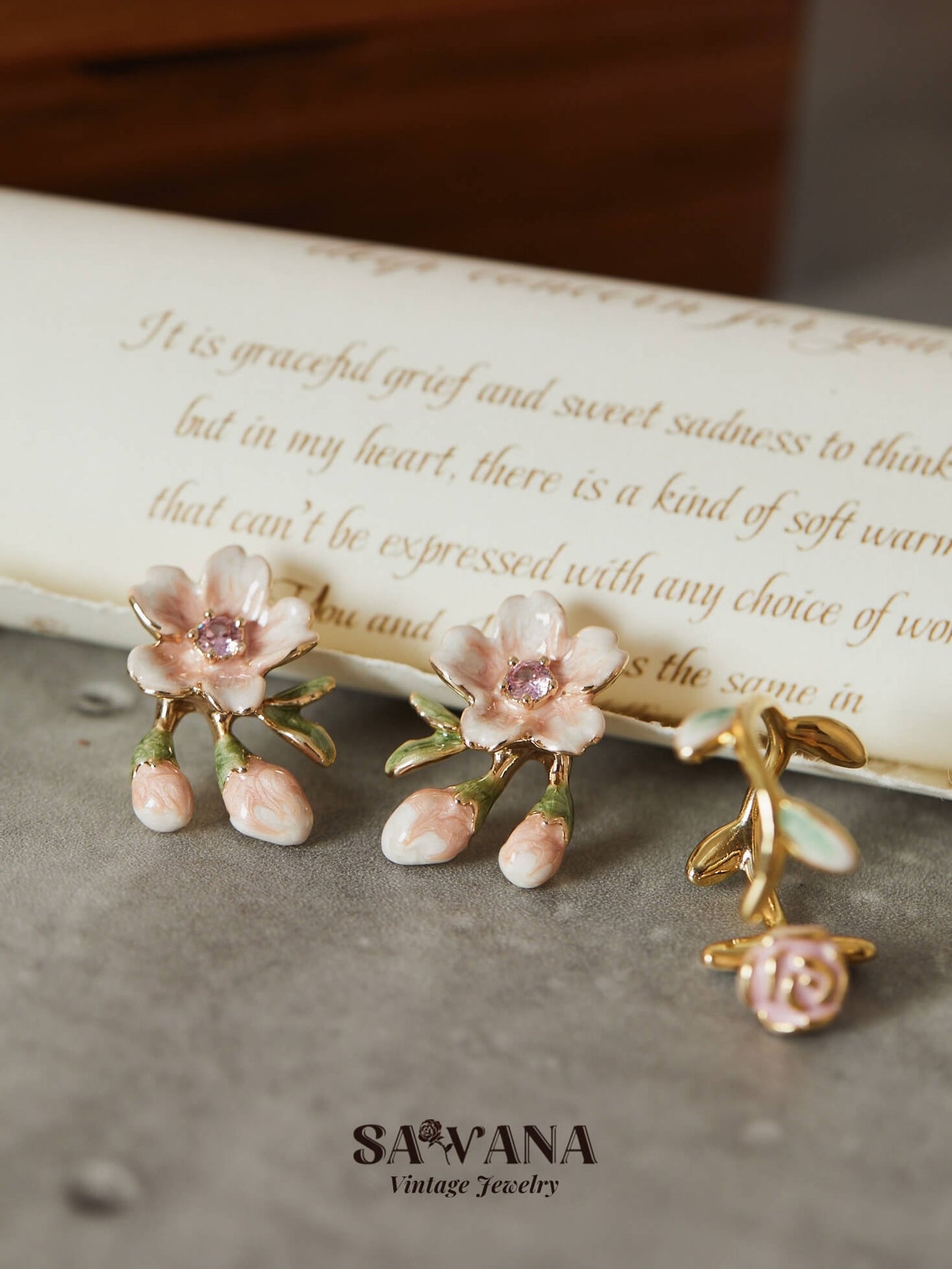 Secret Garden 18K Gold Plated Vintage Pink Cherry Blossom Stud Earrings SAWANAJewelry