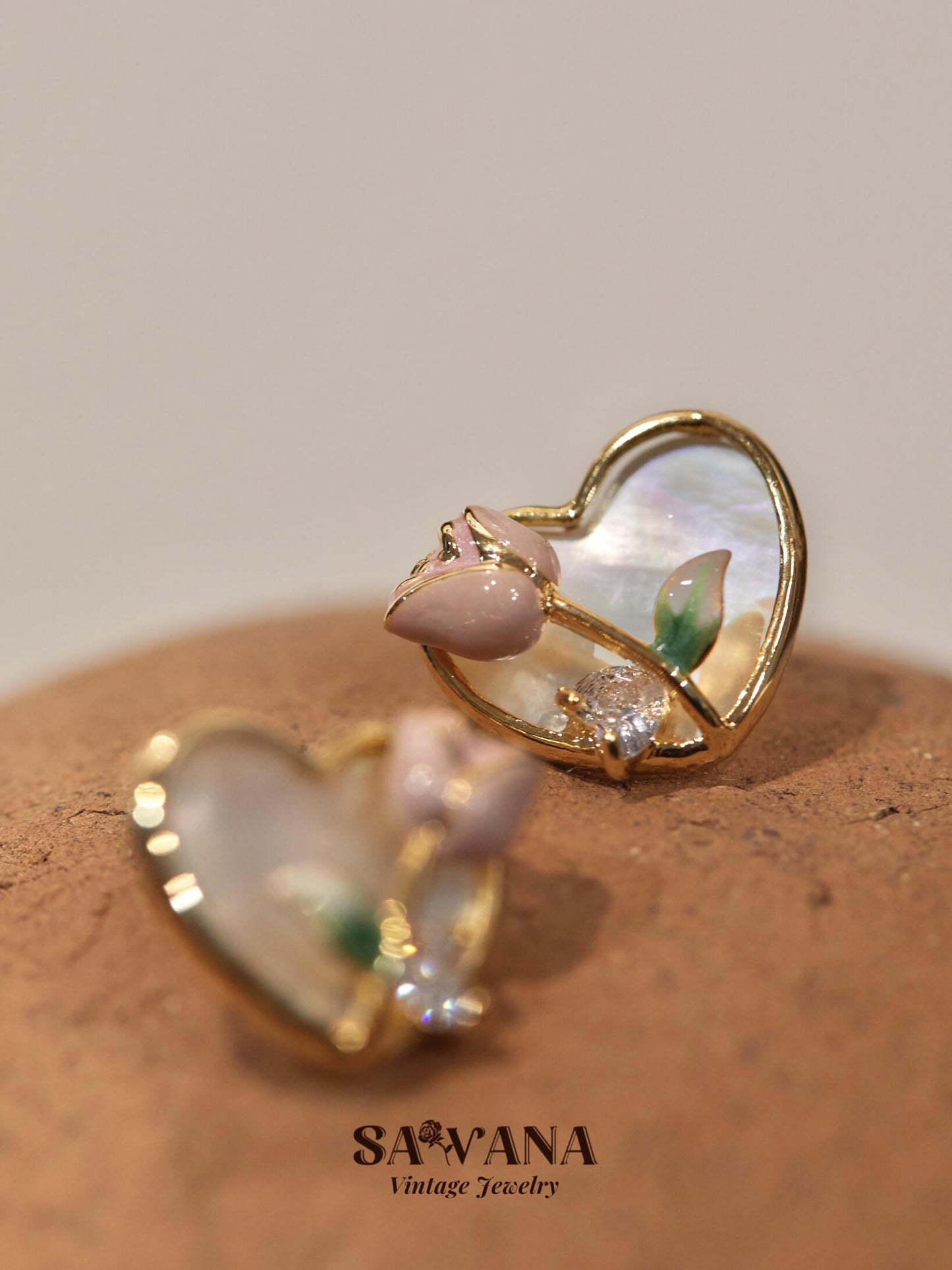 Secret Garden 18K Gold Vintage Pink Rose Heart Stud Earrings SAWANAJewelry