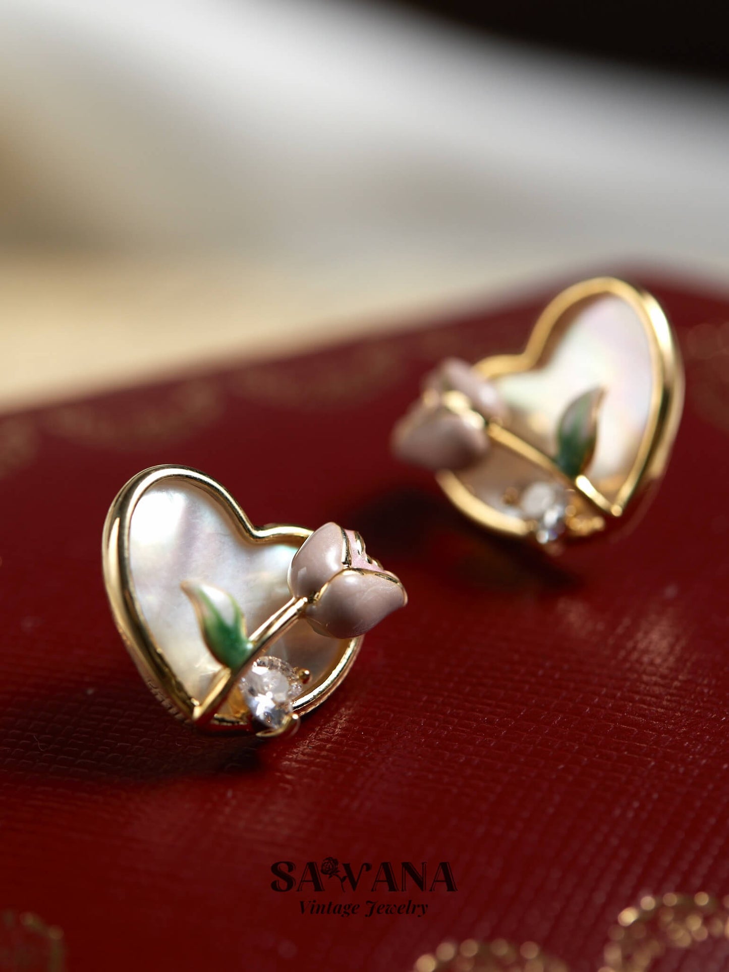 Secret Garden 18K Gold Vintage Pink Rose Heart Stud Earrings SAWANAJewelry