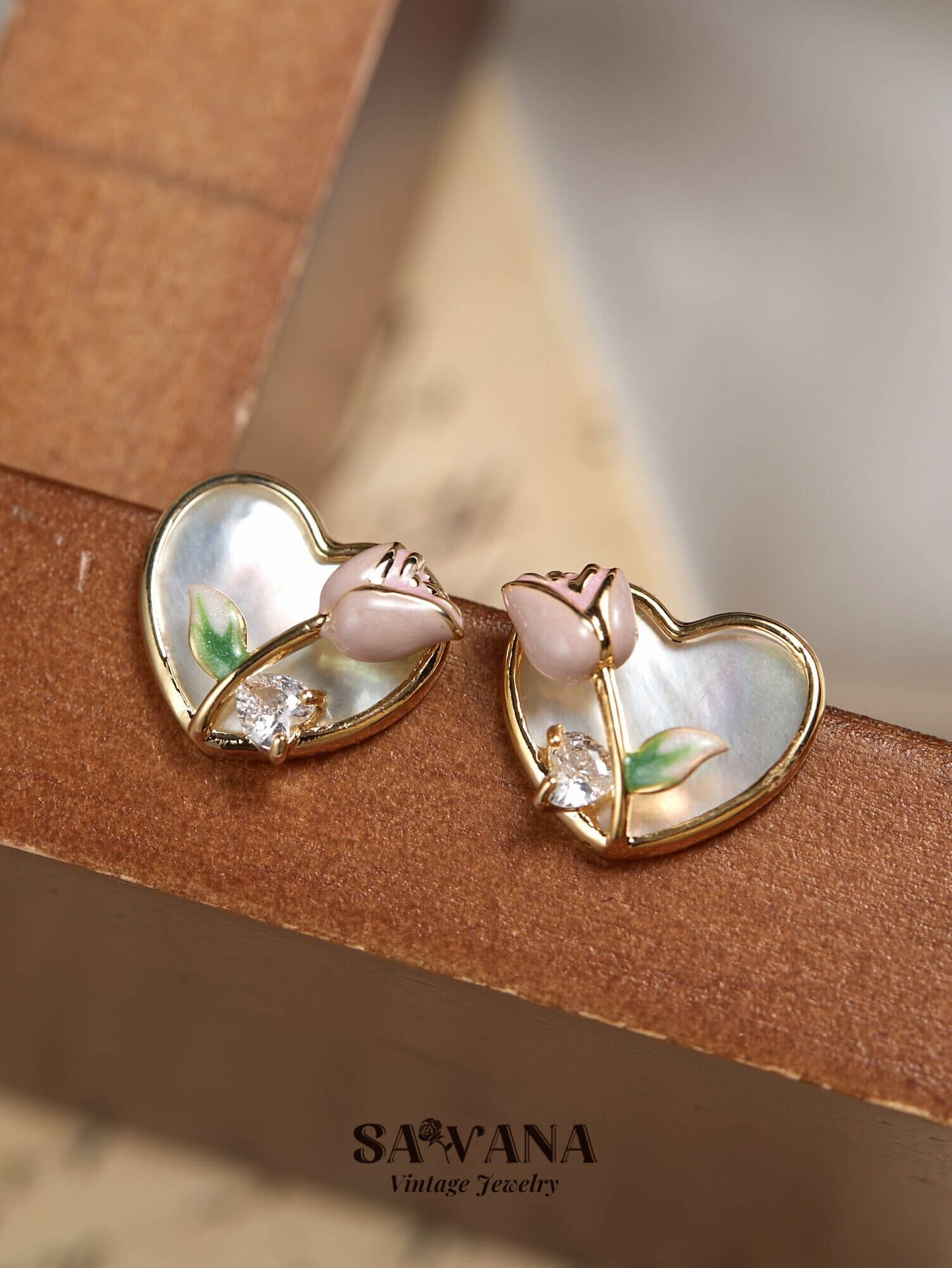 Secret Garden 18K Gold Vintage Pink Rose Heart Stud Earrings SAWANAJewelry