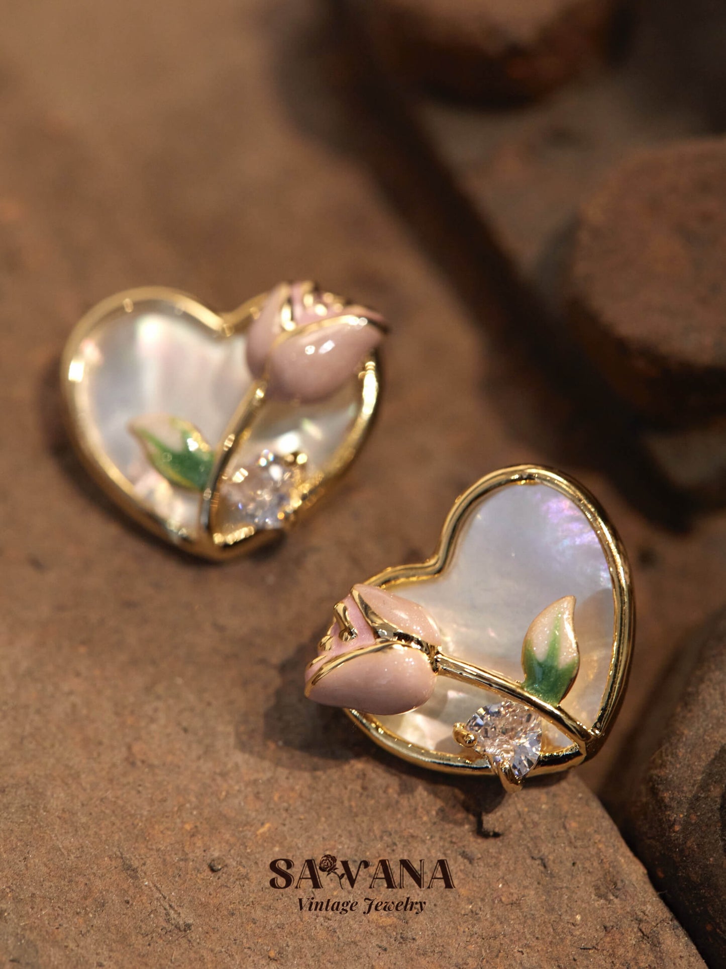 Secret Garden 18K Gold Vintage Pink Rose Heart Stud Earrings SAWANAJewelry