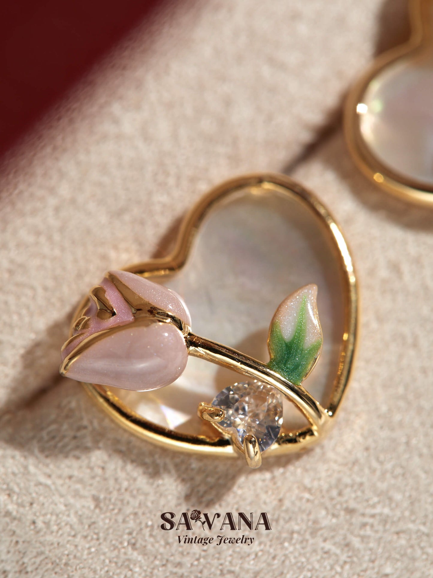 Secret Garden 18K Gold Vintage Pink Rose Heart Stud Earrings SAWANAJewelry