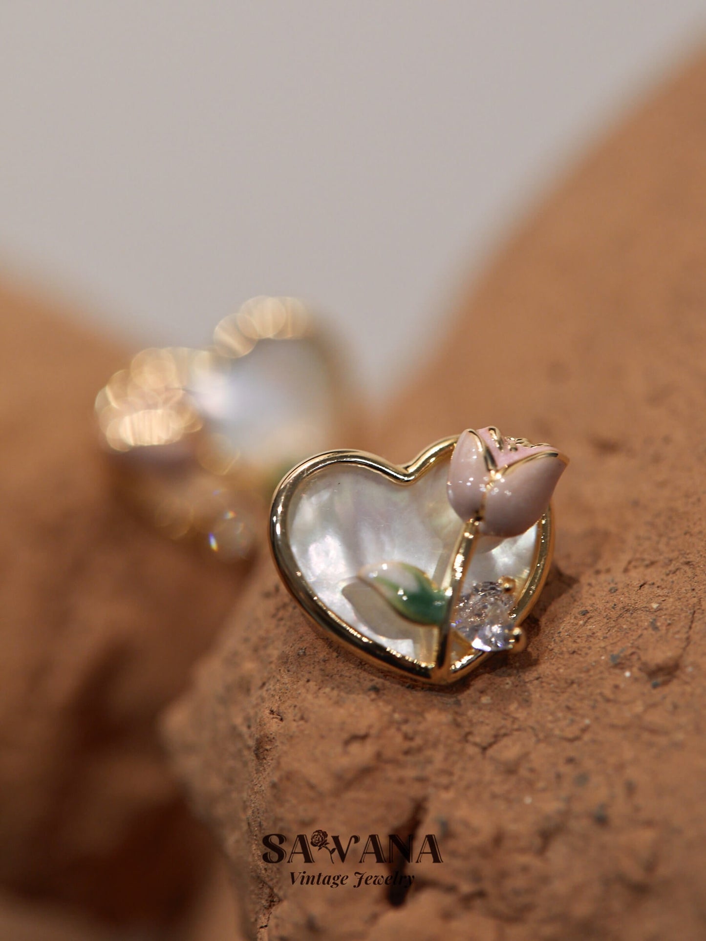 Secret Garden 18K Gold Vintage Pink Rose Heart Stud Earrings SAWANAJewelry