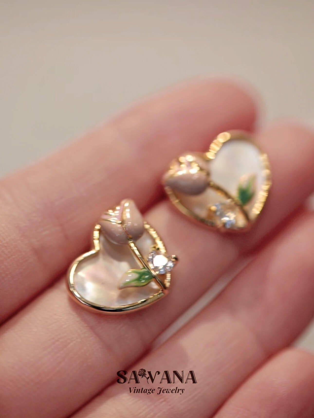 Secret Garden 18K Gold Vintage Pink Rose Heart Stud Earrings SAWANAJewelry