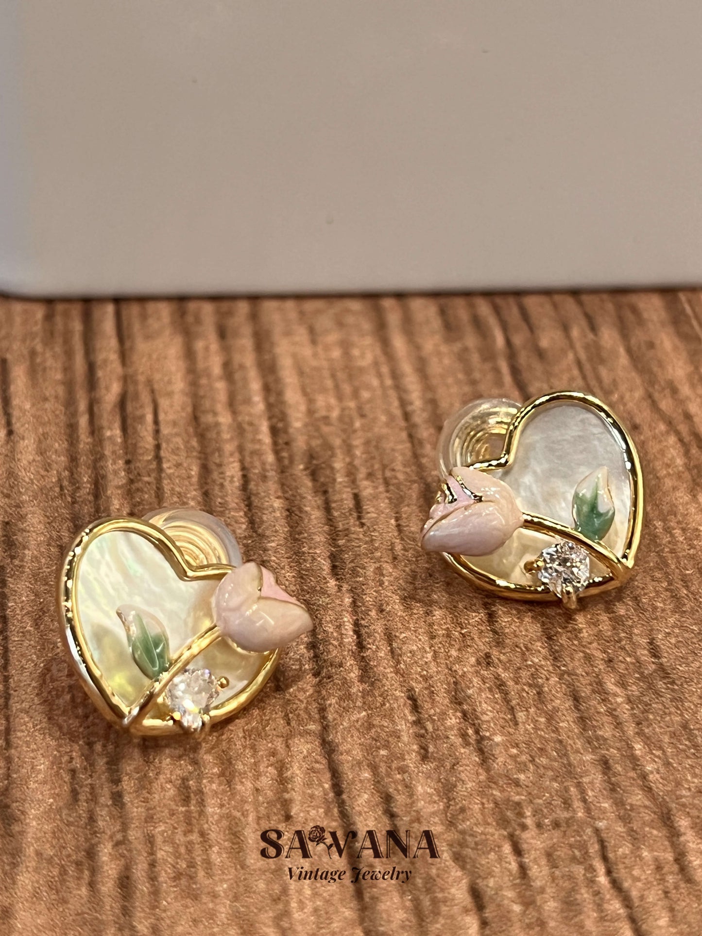 Secret Garden 18K Gold Vintage Pink Rose Heart Stud Earrings SAWANAJewelry