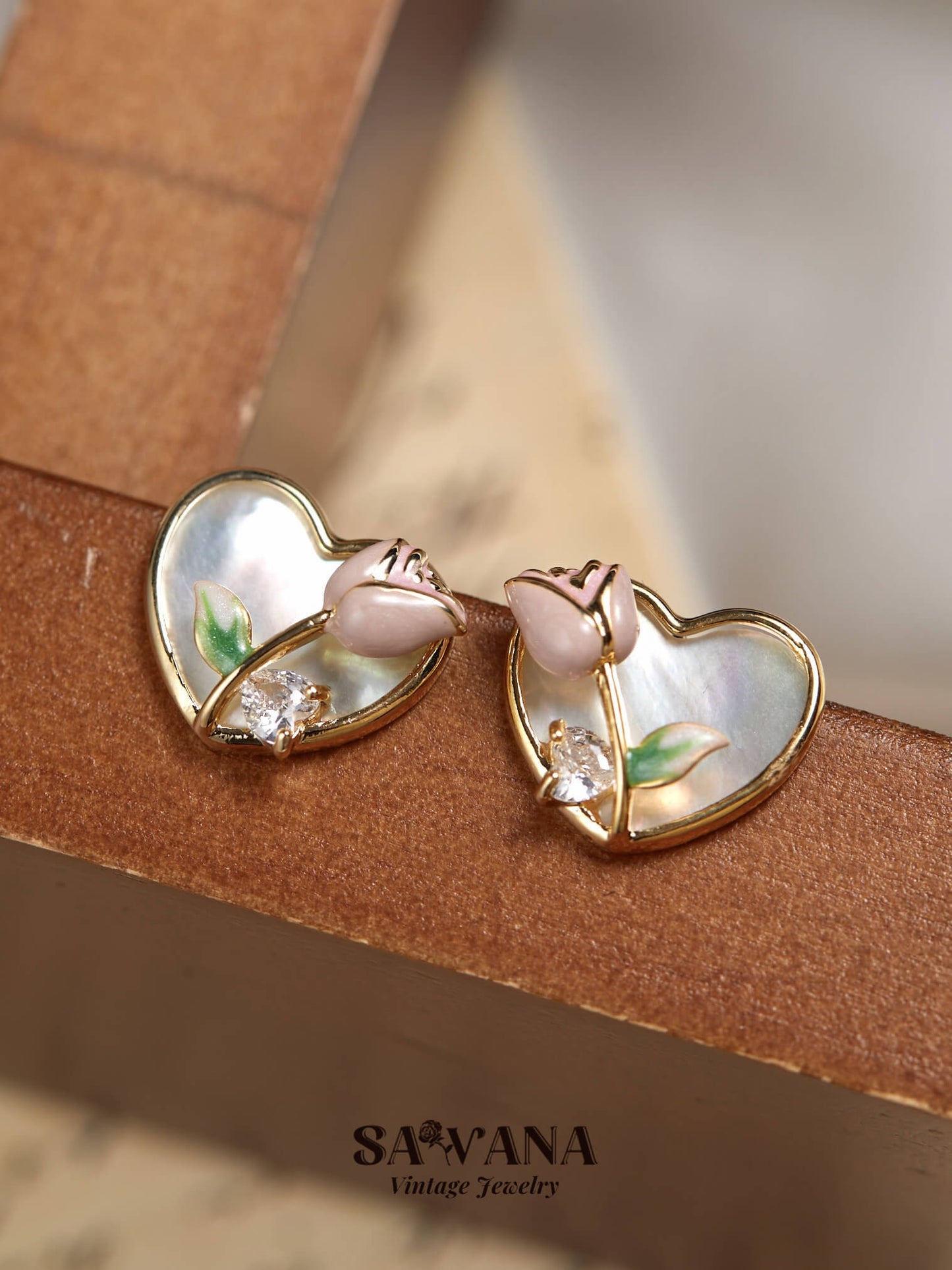 Secret Garden 18K Gold Vintage Pink Rose Heart Stud Earrings SAWANAJewelry