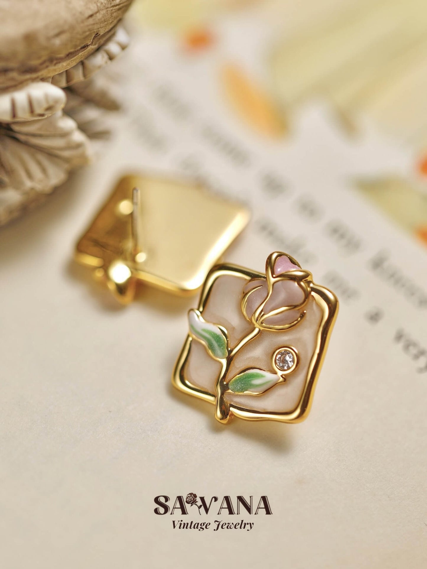 Secret Garden 18K gold plated handmade square earrings in pink rose enamel miracleimy