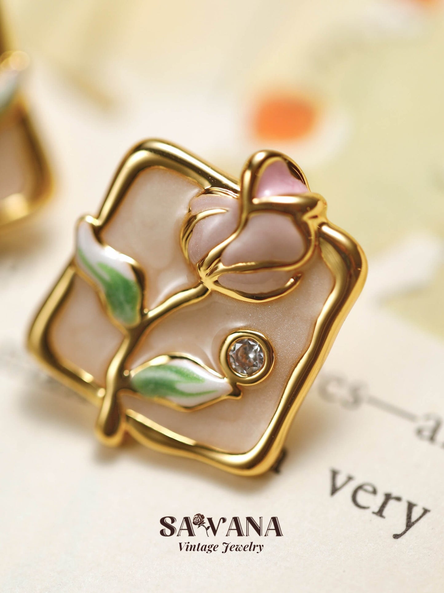 Secret Garden 18K gold plated handmade square earrings in pink rose enamel miracleimy