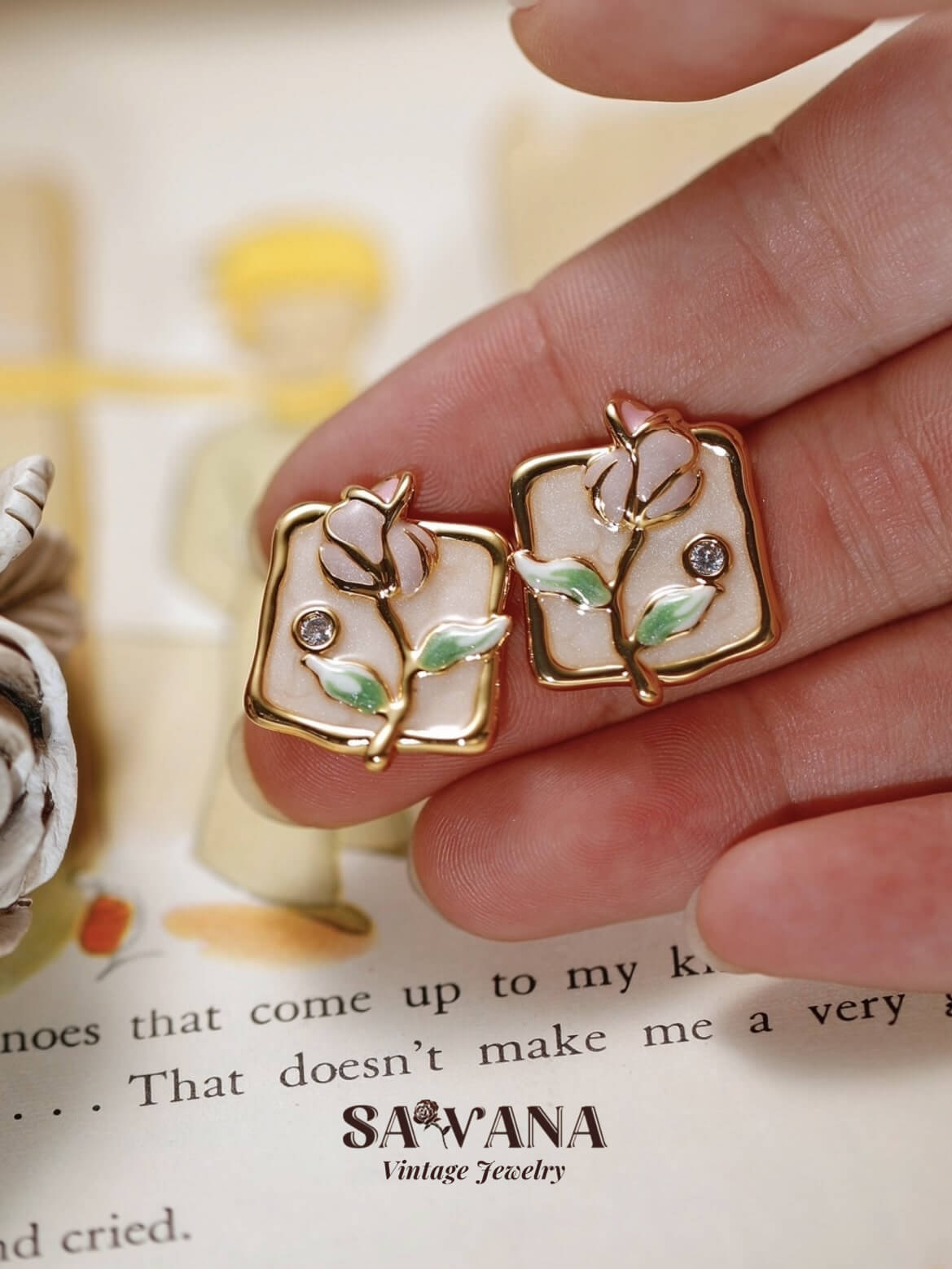 Secret Garden 18K gold plated handmade square earrings in pink rose enamel miracleimy