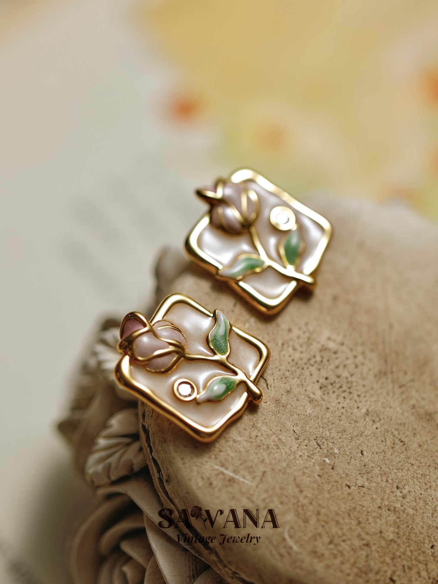 Secret Garden 18K gold plated handmade square earrings in pink rose enamel miracleimy