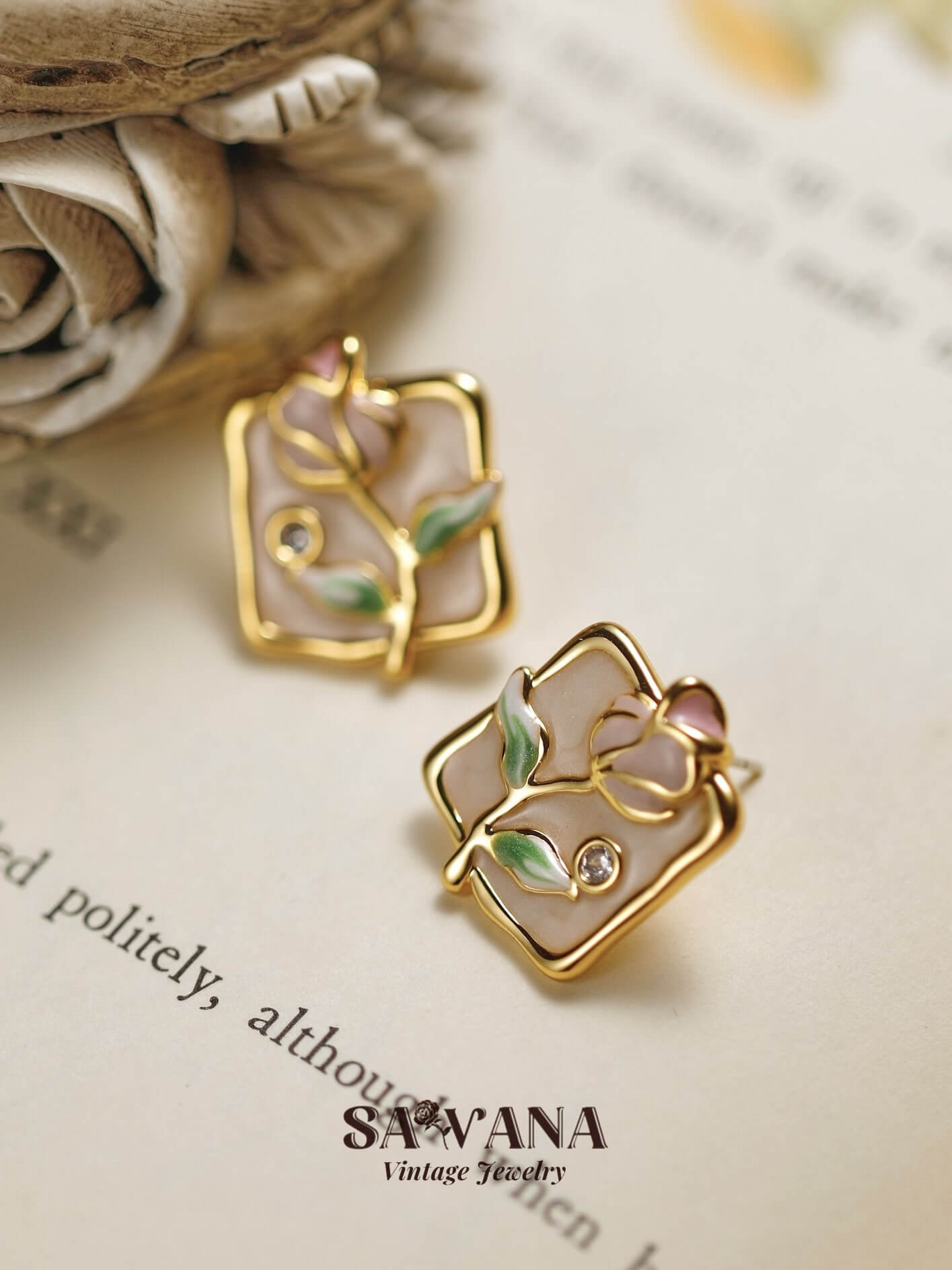 Secret Garden 18K gold plated handmade square earrings in pink rose enamel miracleimy