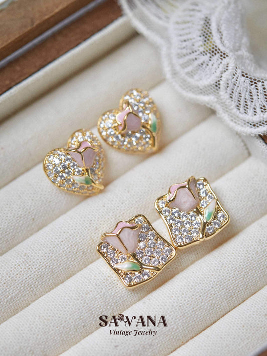 Secret Garden 18k Gold Plated Vintage Zirconia Pink Rose Square Stud Earrings SAWANAJewelry