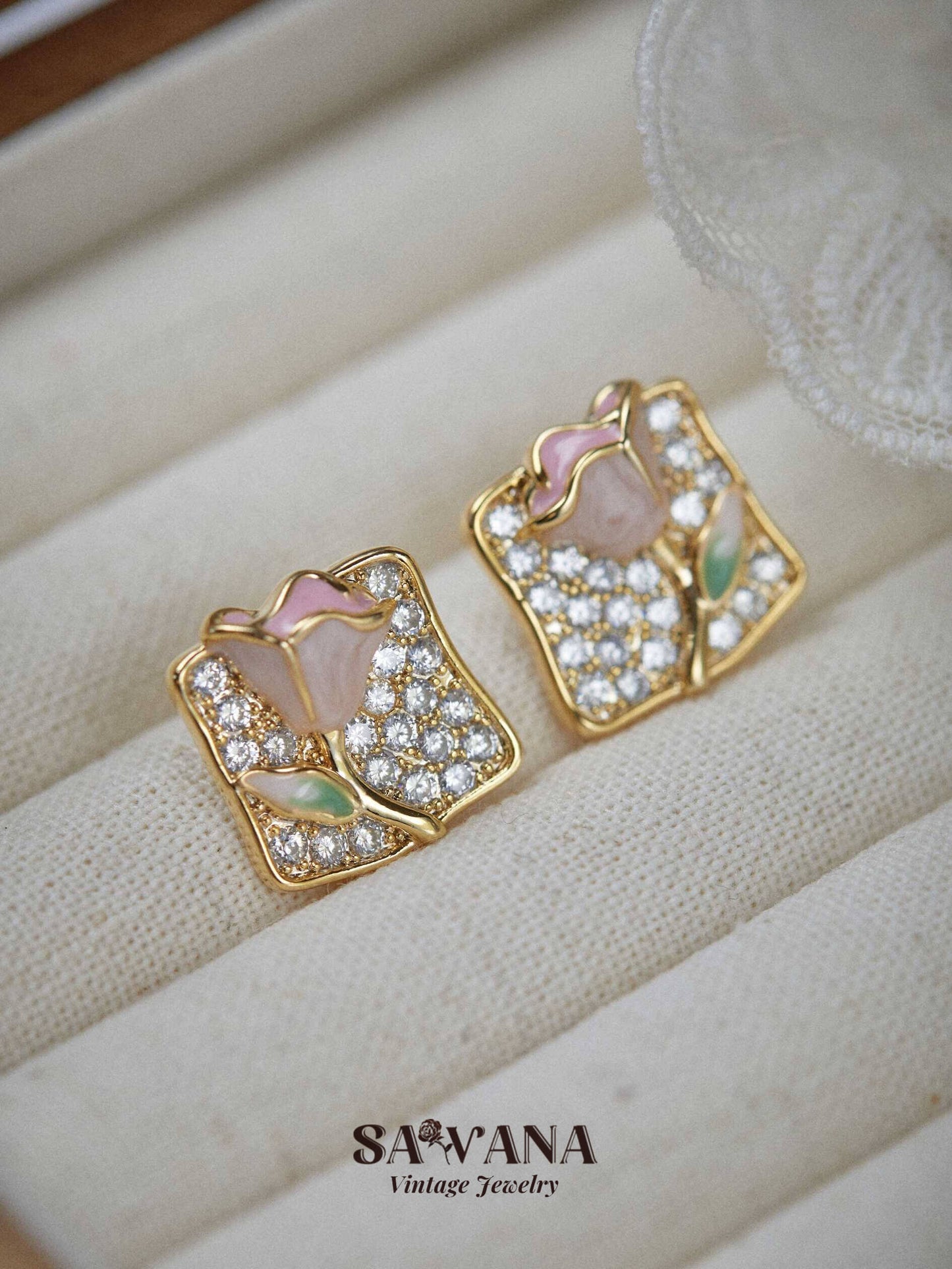 Secret Garden 18k Gold Plated Vintage Zirconia Pink Rose Square Stud Earrings SAWANAJewelry