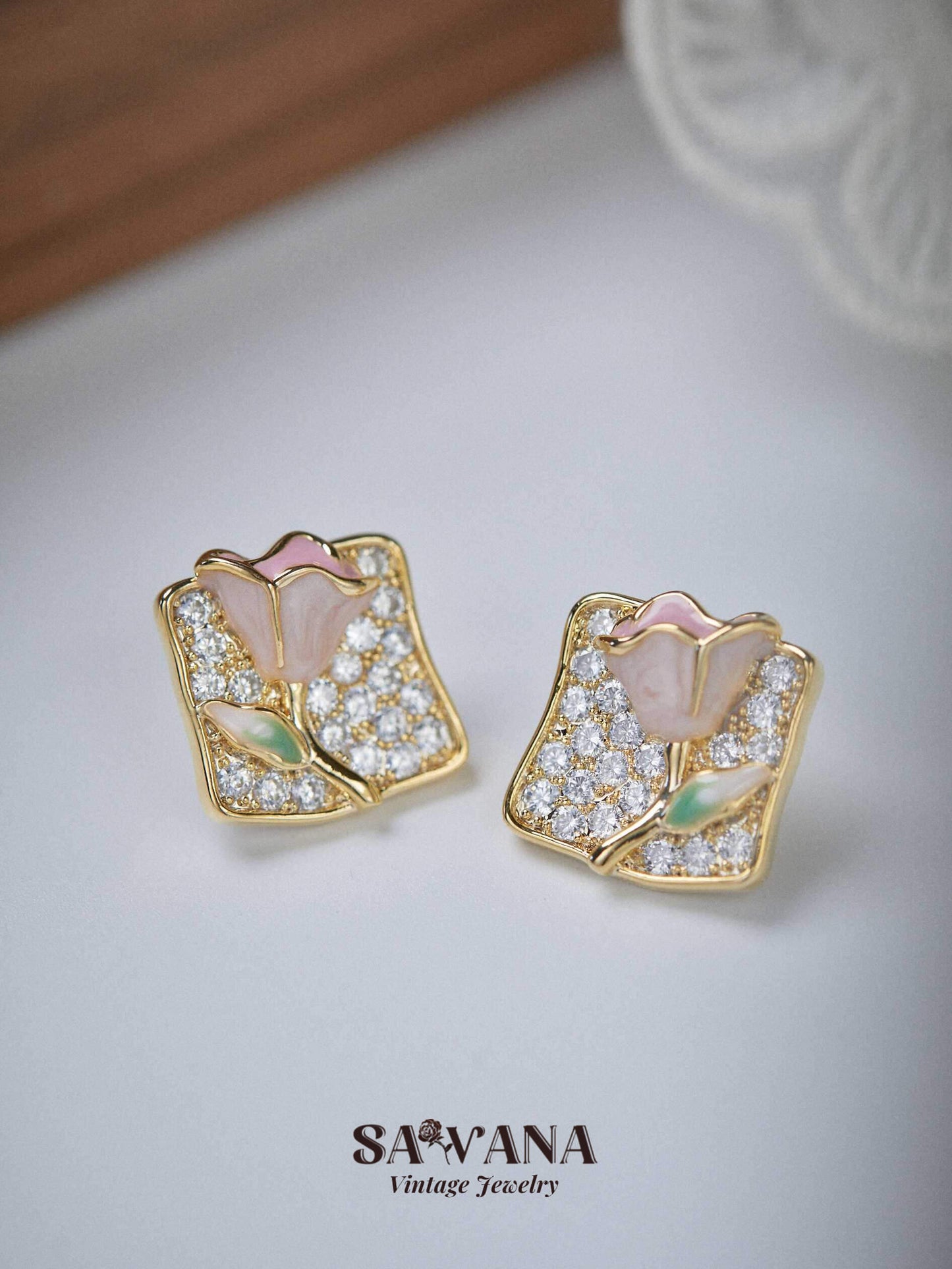 Secret Garden 18k Gold Plated Vintage Zirconia Pink Rose Square Stud Earrings SAWANAJewelry