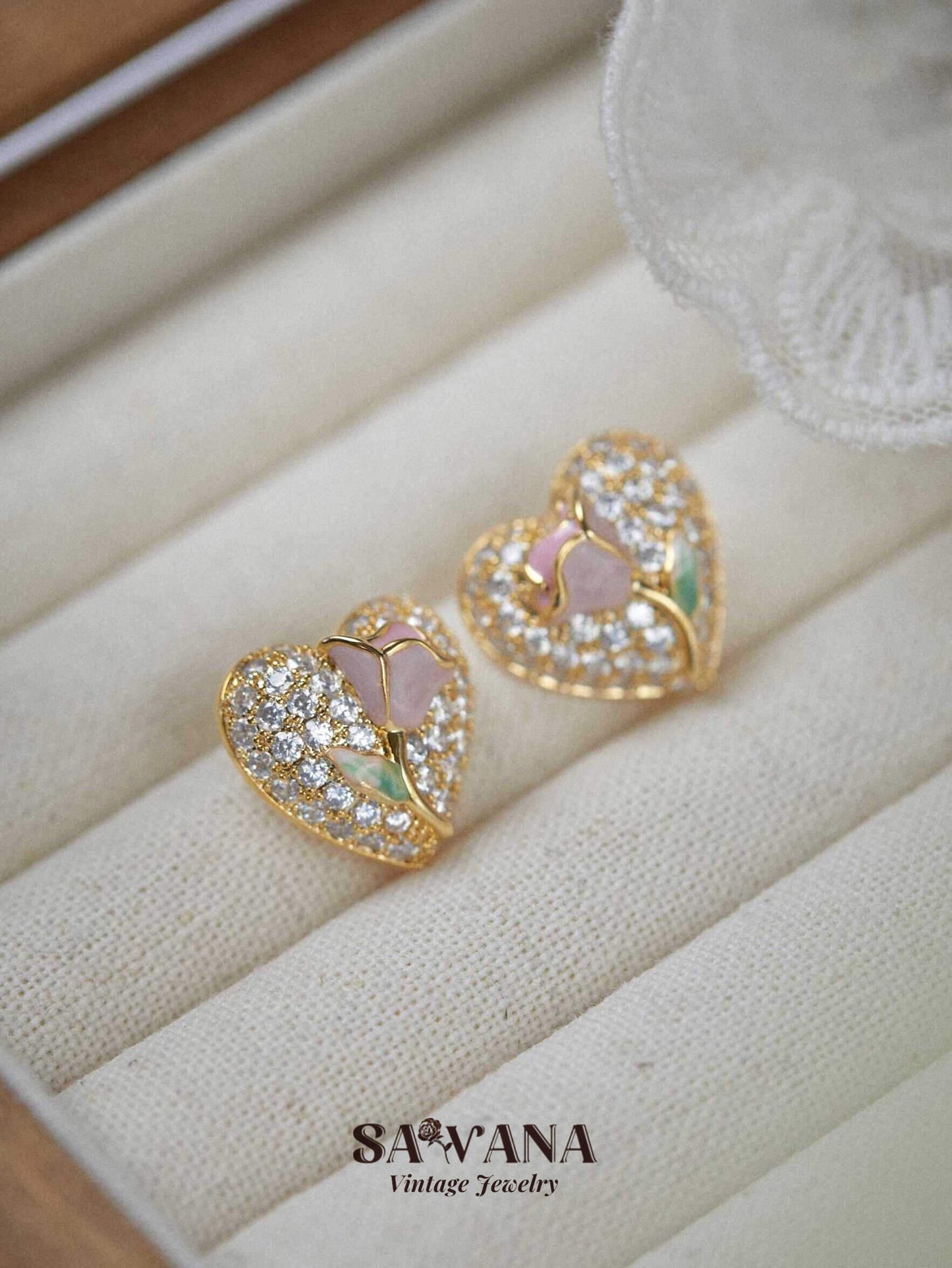 Secret Garden 18k Gold Plated Vintage Zirconia Pink Rose Square Stud Earrings SAWANAJewelry