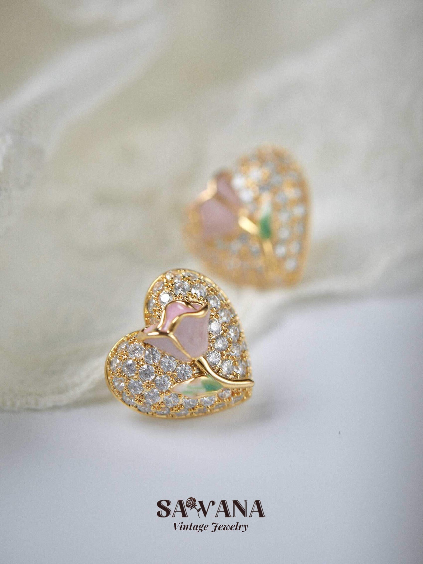 Secret Garden 18k Gold Plated Vintage Zirconia Pink Rose Square Stud Earrings SAWANAJewelry