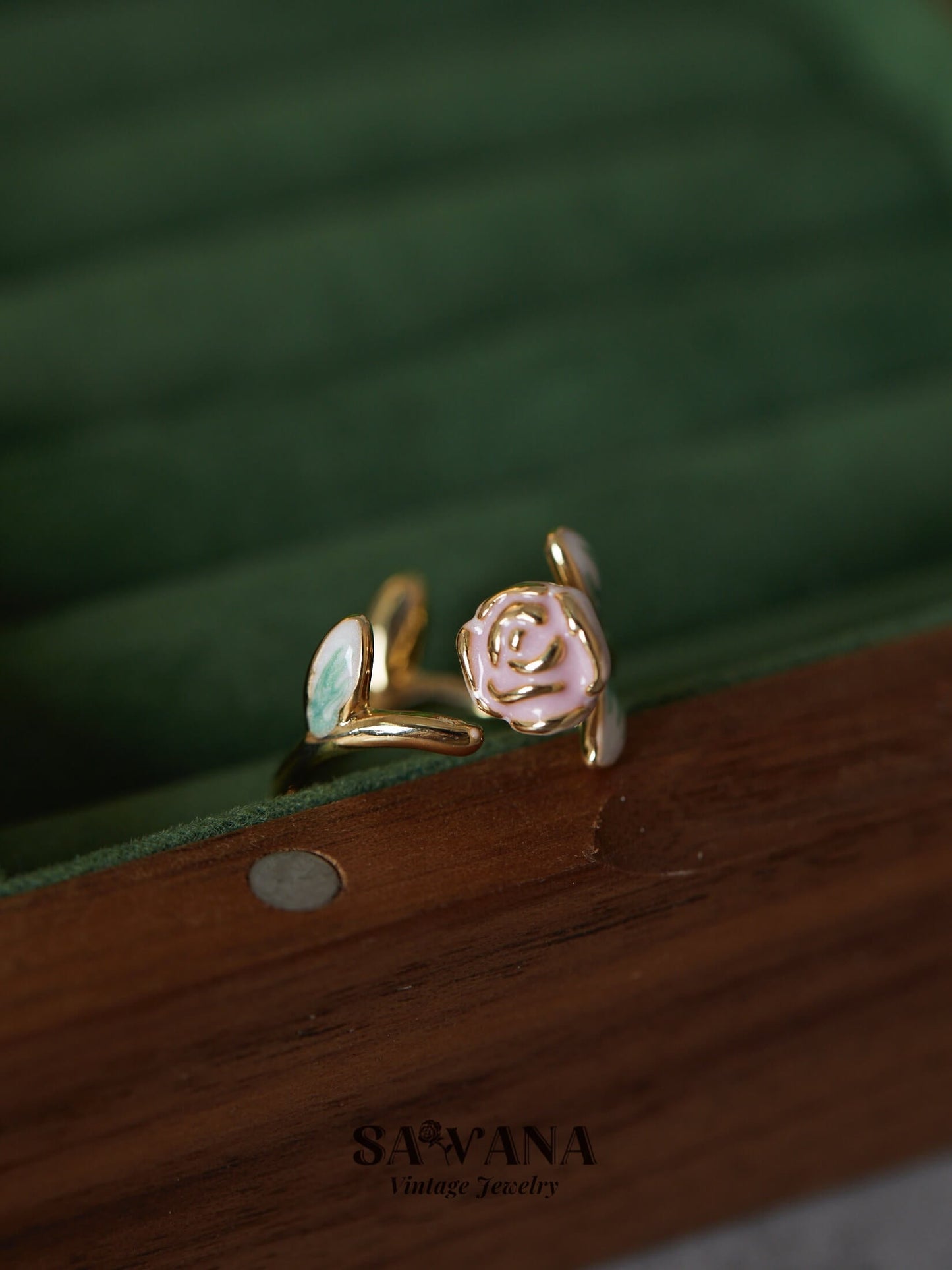 Secret Garden 18k gold plated vintage pink rose enamel floral Ring SAWANAJewelry