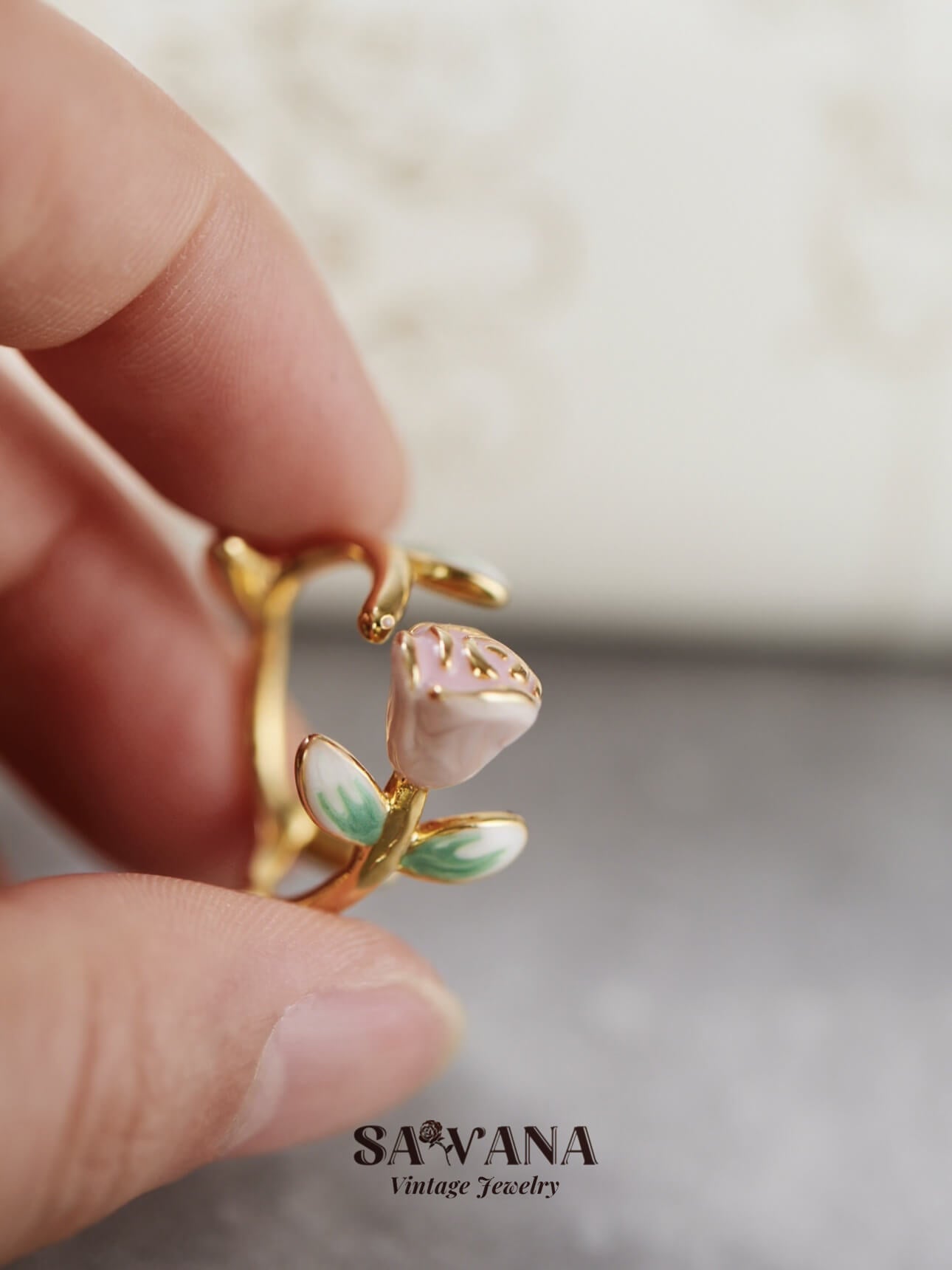 Secret Garden 18k gold plated vintage pink rose enamel floral Ring SAWANAJewelry