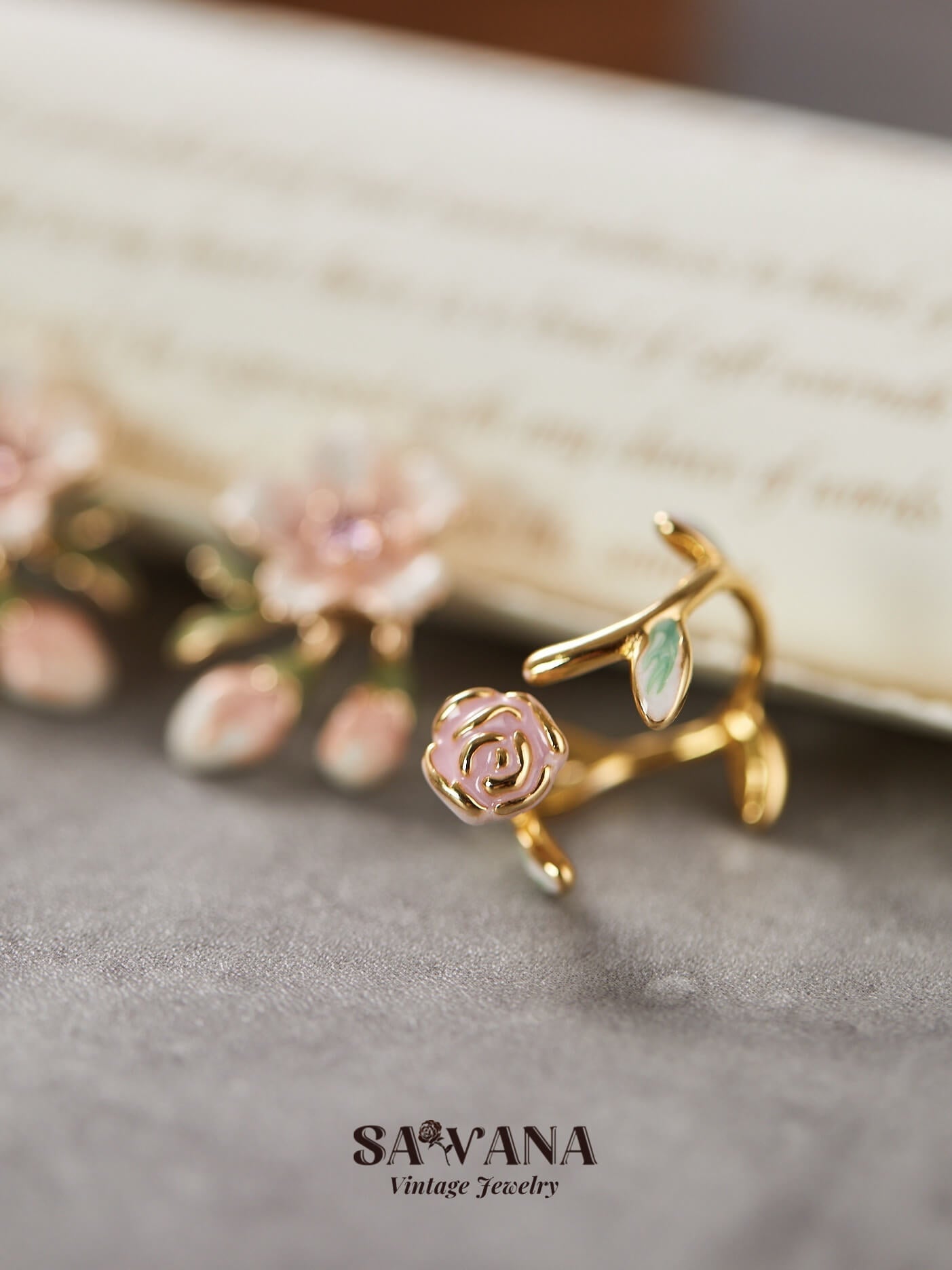 Secret Garden 18k gold plated vintage pink rose enamel floral Ring SAWANAJewelry