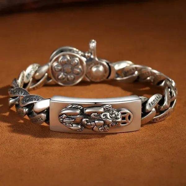 Sterling Silver Buddhist Mantra Pixiu Curb Chain Bracelet by miracleimy4