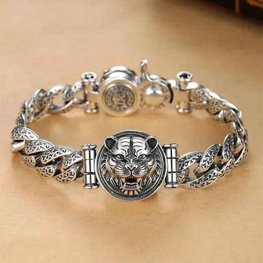 Sterling Silver Rotatable Tiger Head Curb Chain Bracelet miracleimy
