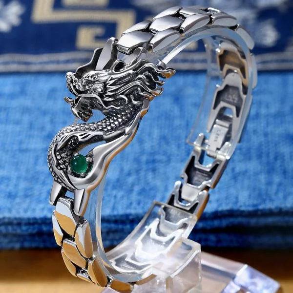 Sterling Silver Emerald Dragon Totem Chain Bracelet - miracleimy